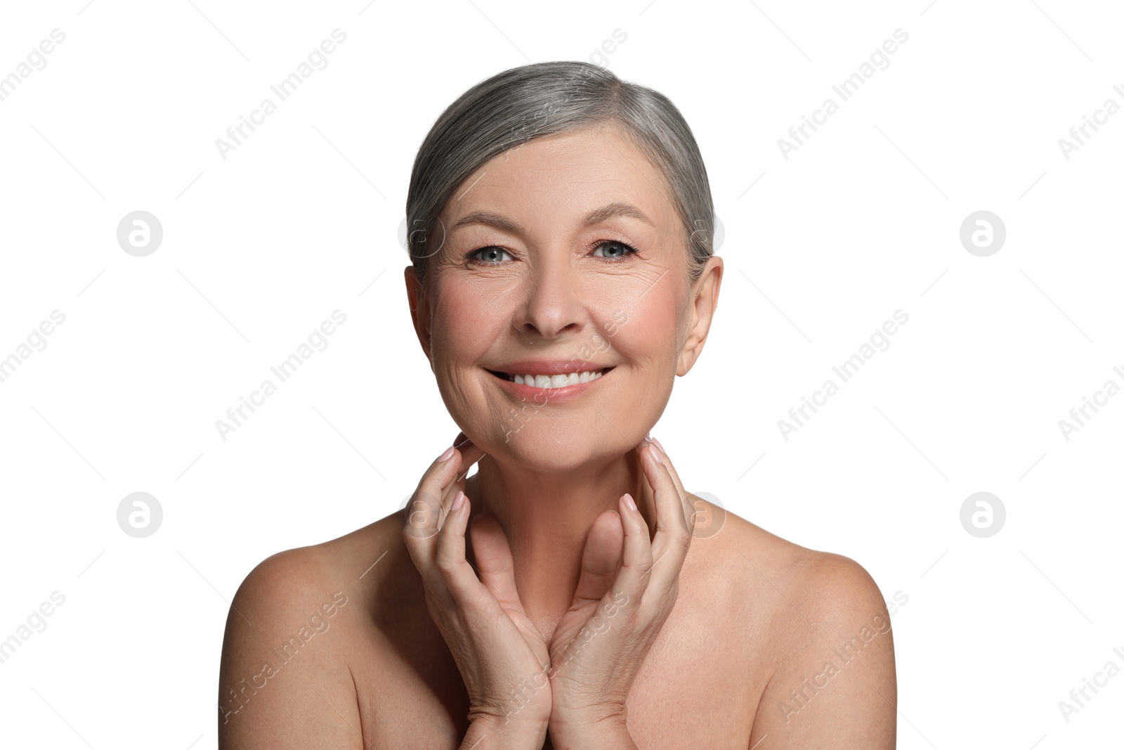 Photo of Beautiful mature woman with healthy skin on white background