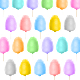 Collage with cotton candy on white background, pattern design