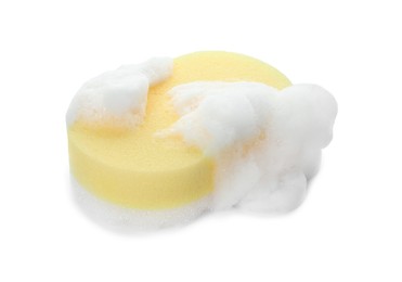 Photo of Yellow sponge with foam isolated on white