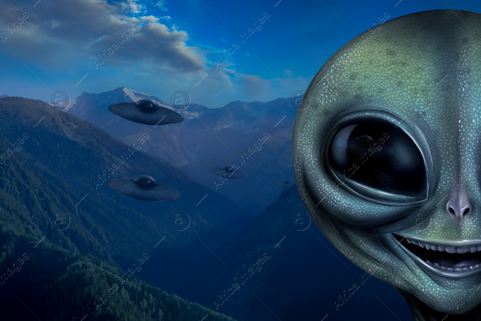 Image of Alien and flying saucers in mountains. UFO, extraterrestrial visitors