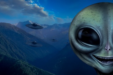 Alien and flying saucers in mountains. UFO, extraterrestrial visitors