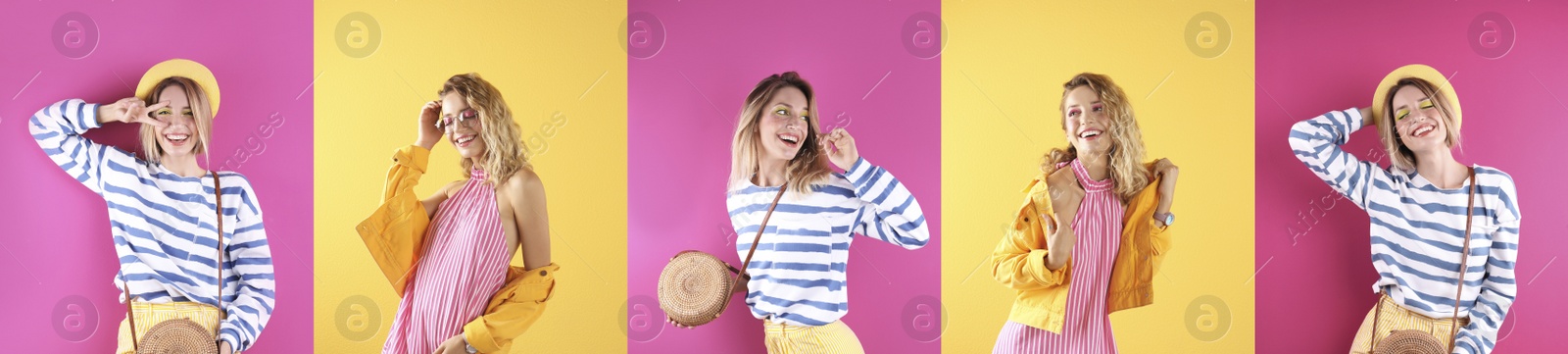 Image of Collage of beautiful young woman posing on different color backgrounds. Banner design 