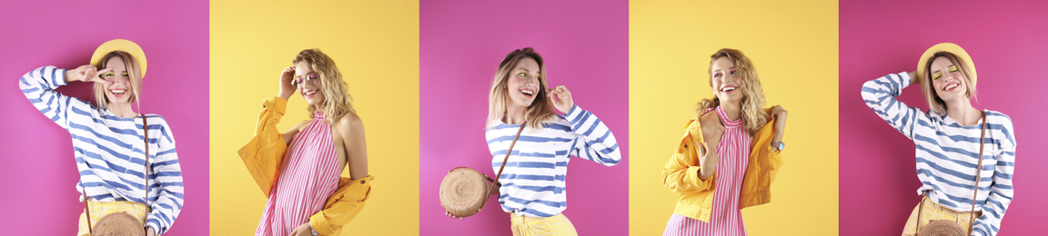 Collage of beautiful young woman posing on different color backgrounds. Banner design 