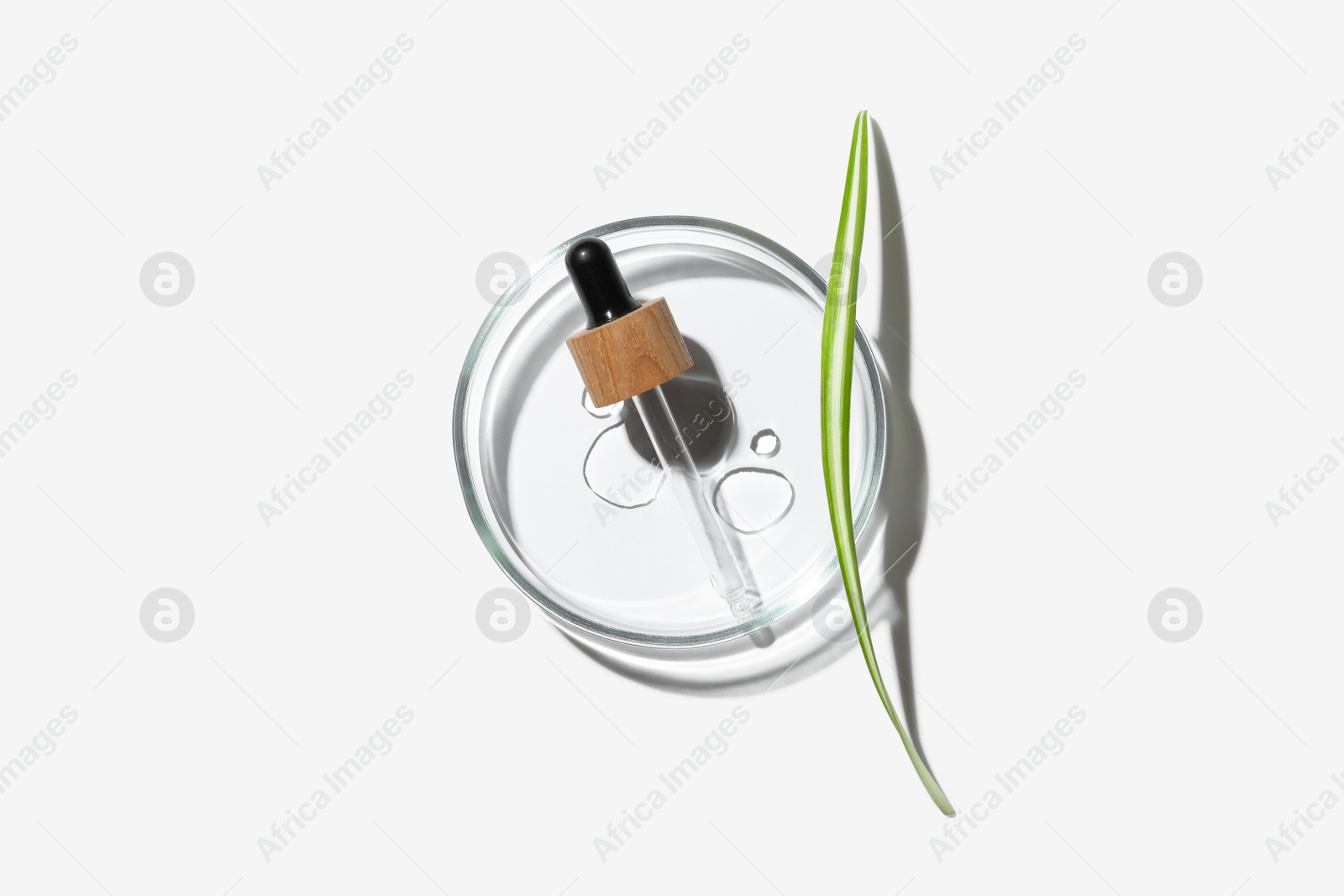 Photo of Petri dish with cosmetic product and leaf on white background, top view