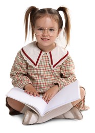 Cute little girl with book on white background