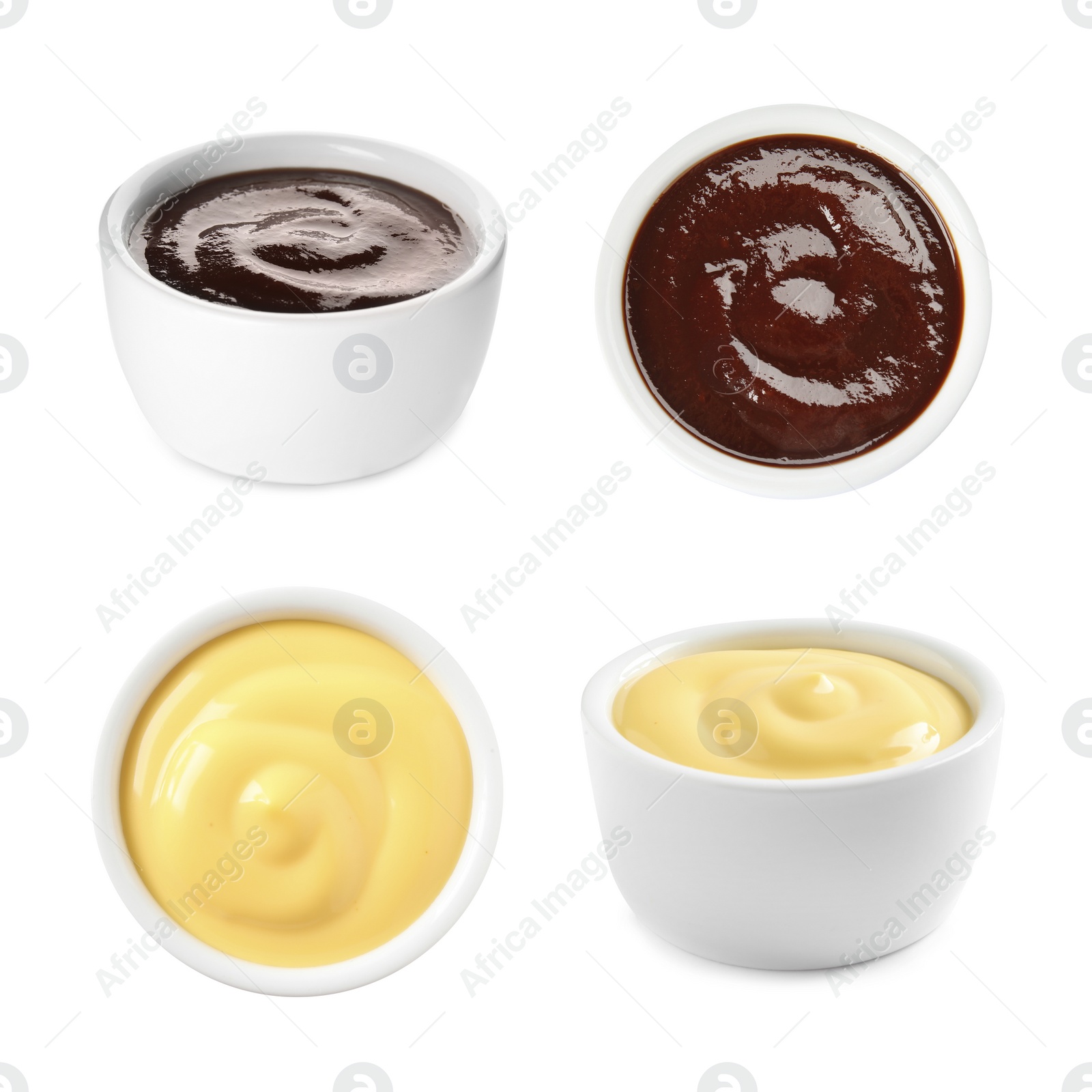 Image of Delicious tomato and cheese sauces on white background