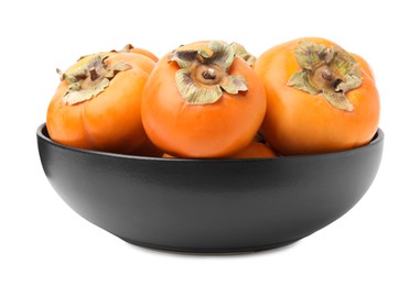 Bowl with whole delicious juicy persimmons isolated on white