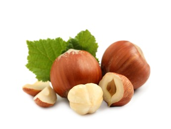 Tasty organic hazelnuts and leaves on white background