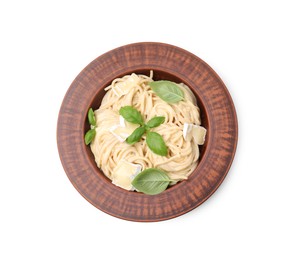 Delicious pasta with brie cheese and basil leaves isolated on white, top view