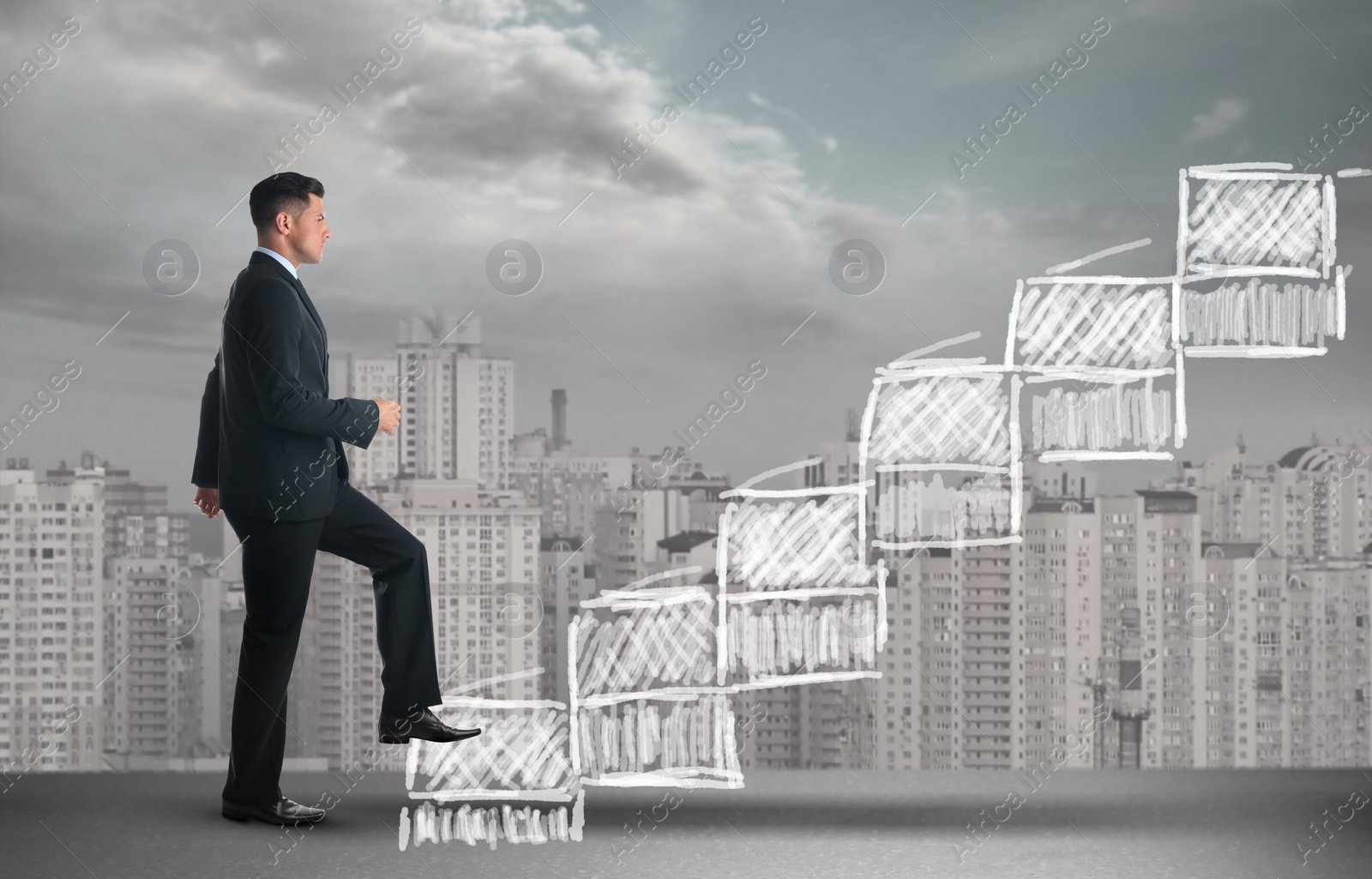 Image of Businessman walking up stairs drawing with chalk and cityscape on background. Career ladder concept