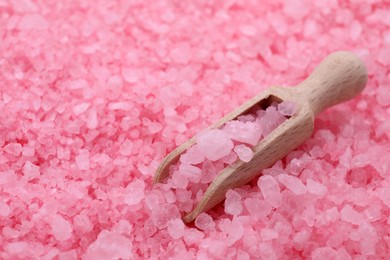 Photo of Scoop with pink sea salt, closeup view. Space for text