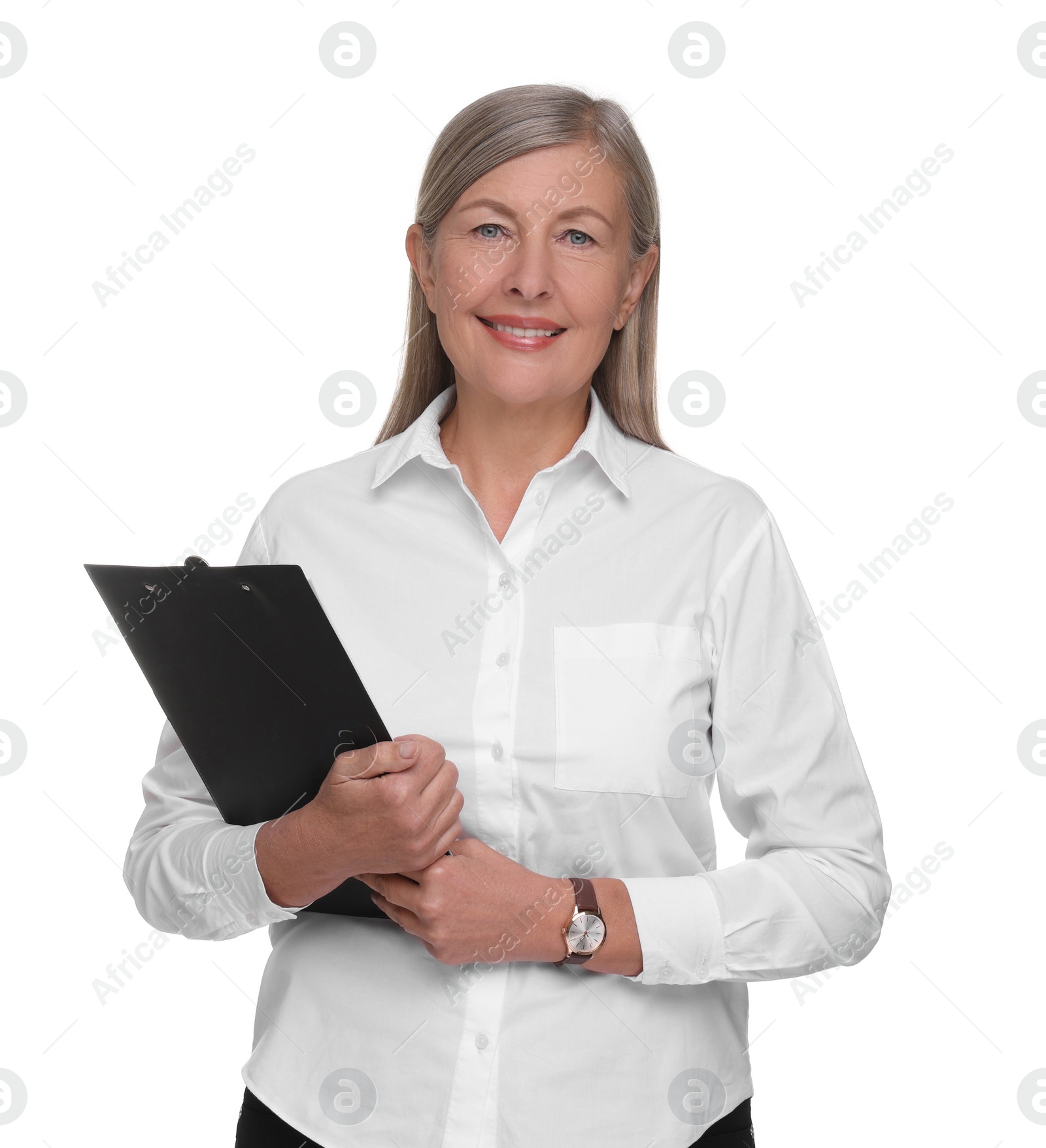 Photo of Portrait of smiling woman with clipboard on white background. Lawyer, businesswoman, accountant or manager