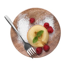 Photo of Tasty vanilla fondant with white chocolate and raspberries isolated on white, top view