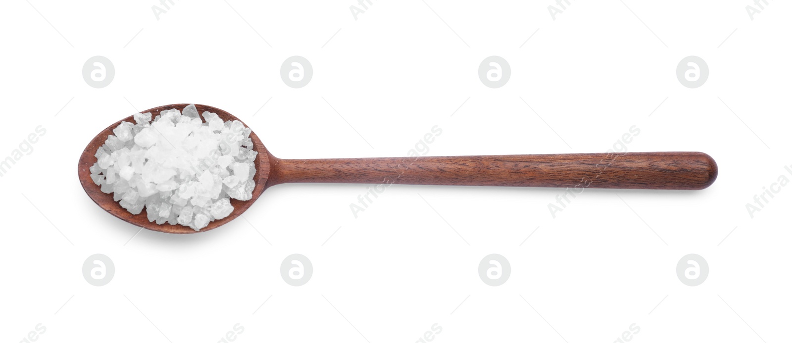 Photo of Wooden spoon with natural sea salt isolated on white, top view