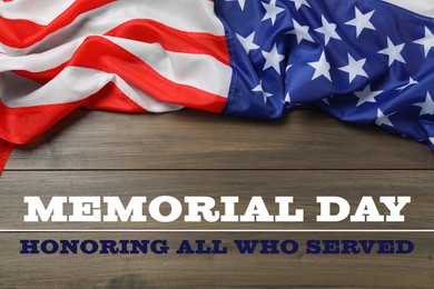 Image of Memorial Day. Memorial Day. American flag on wooden table, top view 