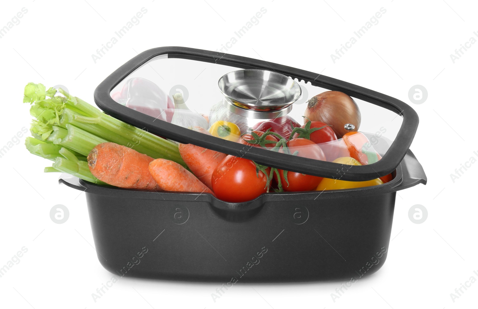 Photo of Fresh products in black pot and glass lid isolated on white