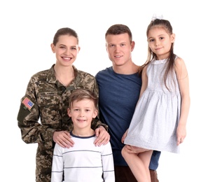 Photo of Female soldier with her family on white background. Military service