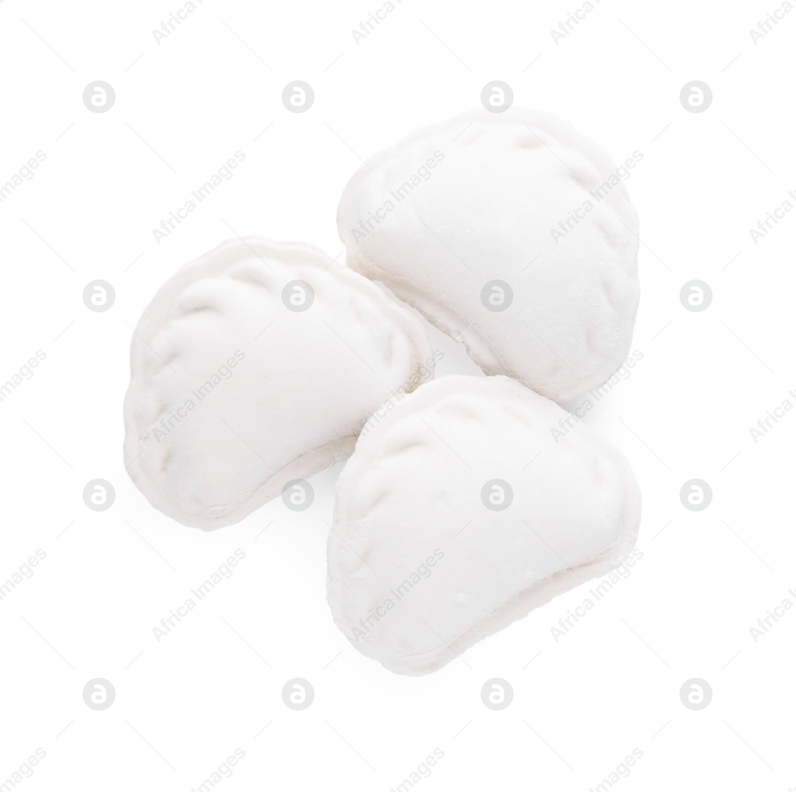 Photo of Raw dumplings (varenyky) on white background, top view