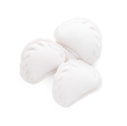 Photo of Raw dumplings (varenyky) on white background, top view