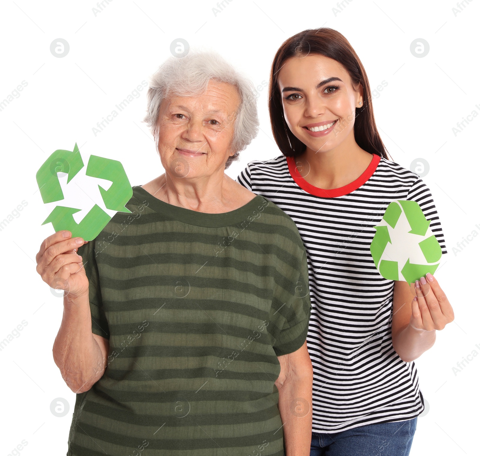 Photo of Elderly woman and her granddaughter with recycling symbols on white background