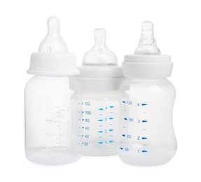 Photo of Three empty feeding bottles for infant formula on white background