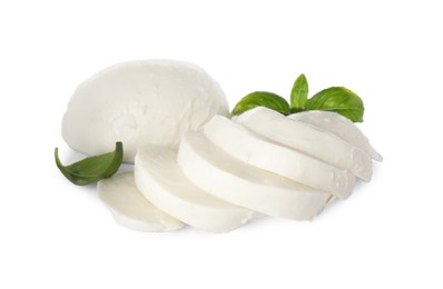 Photo of Delicious mozzarella cheese slices and basil on white background