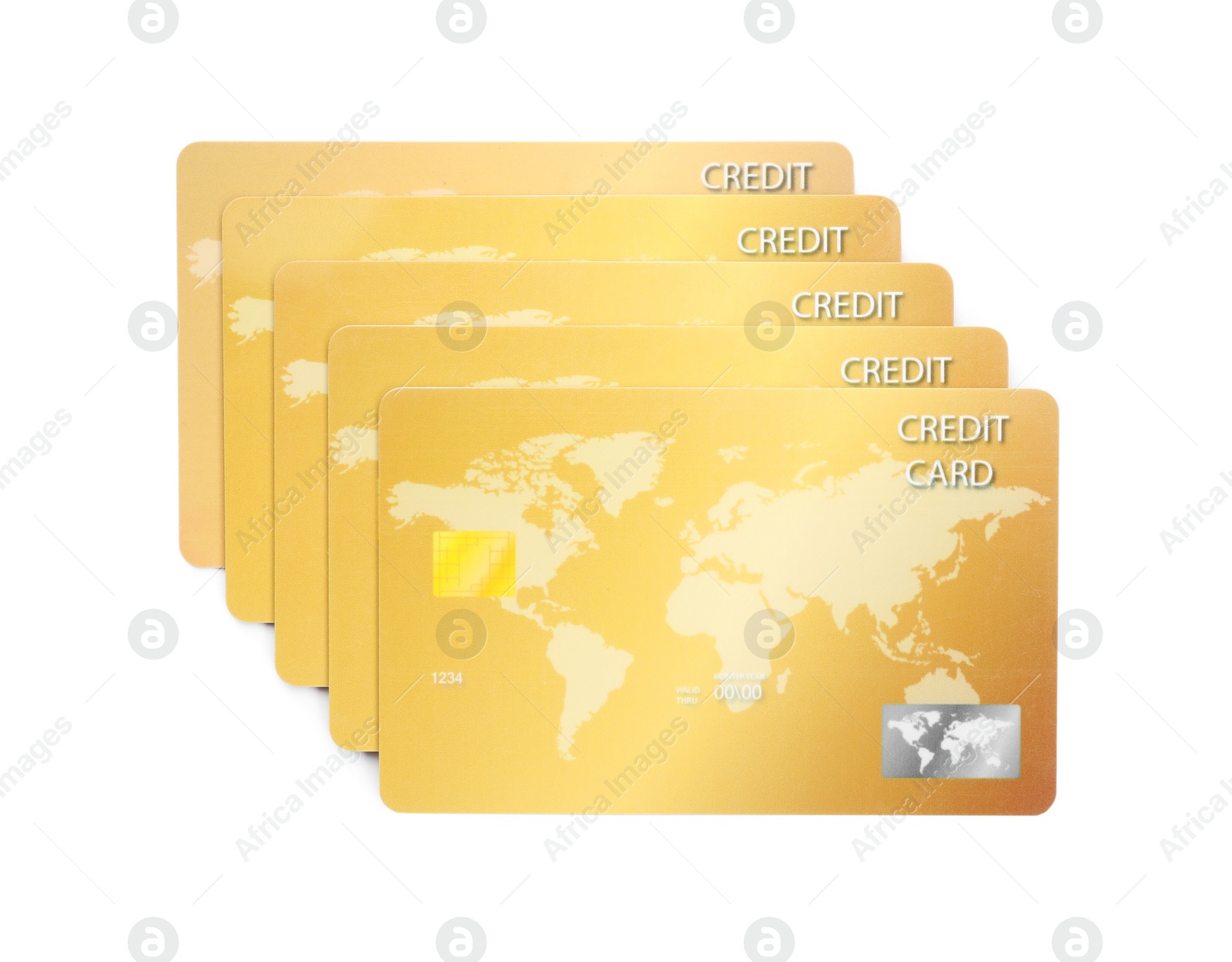 Photo of Golden plastic credit cards on white background