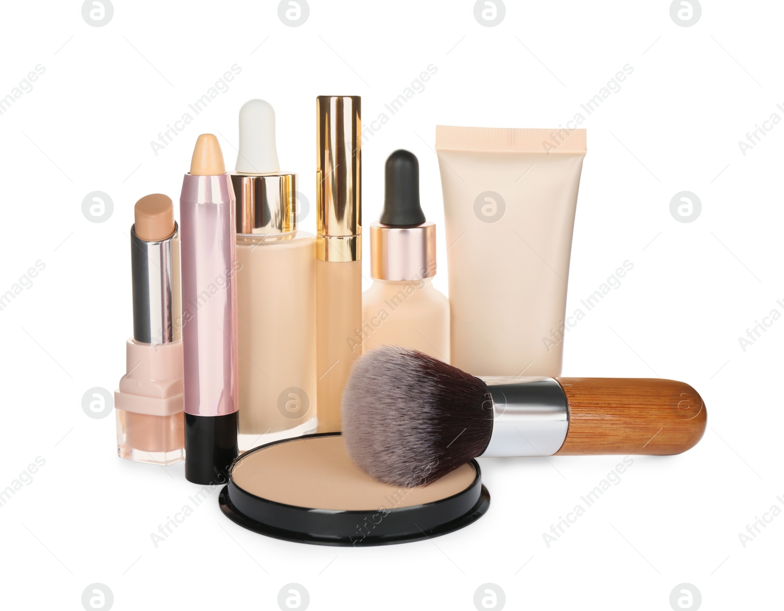 Photo of Foundation makeup products on white background. Decorative cosmetics