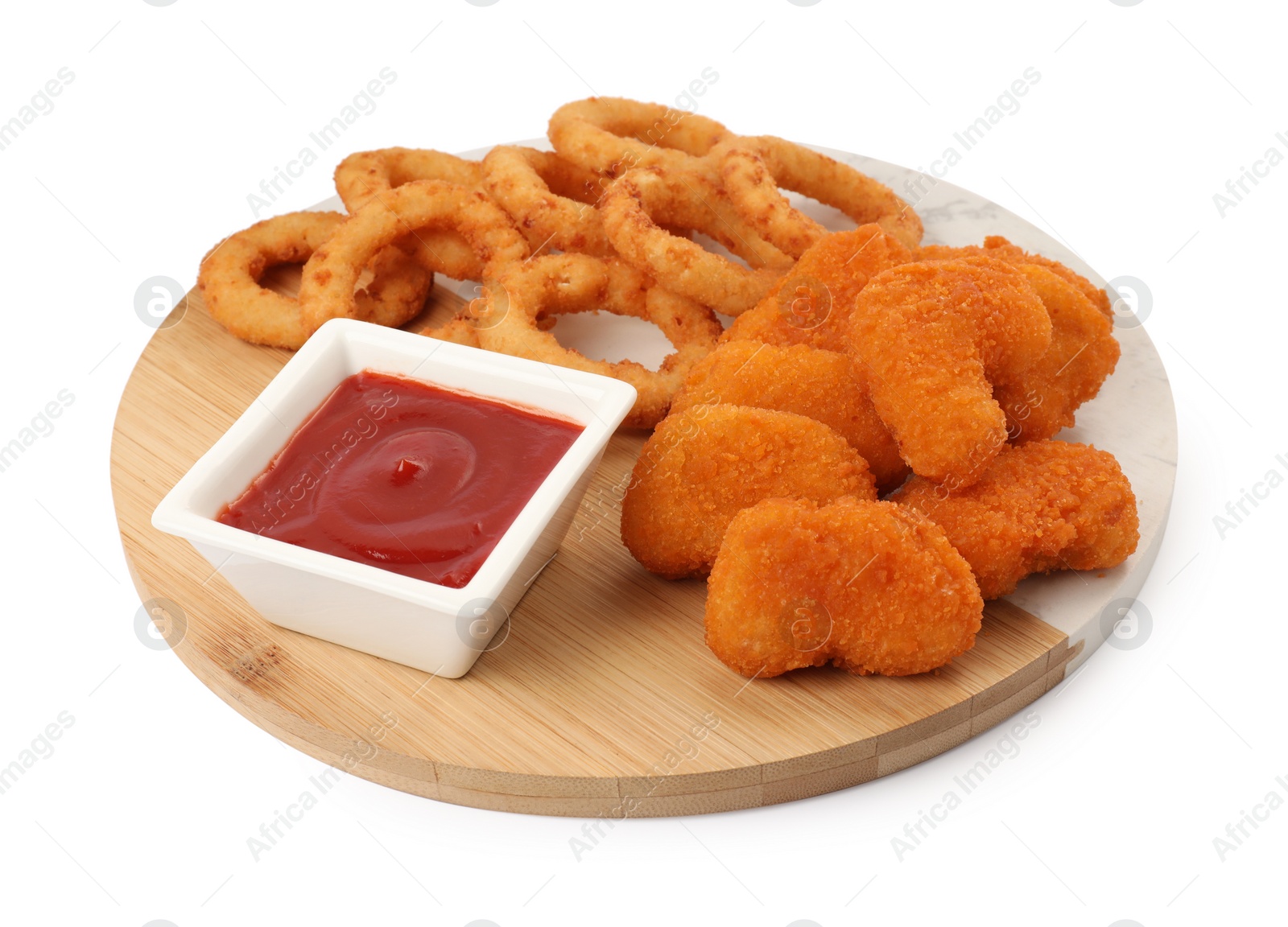 Photo of Tasty fried onion rings, chicken nuggets and ketchup isolated on white