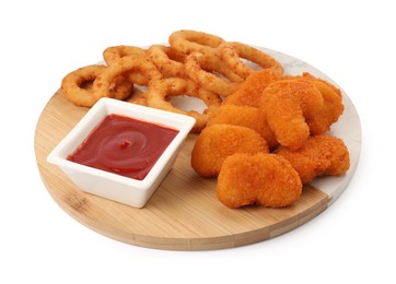 Photo of Tasty fried onion rings, chicken nuggets and ketchup isolated on white