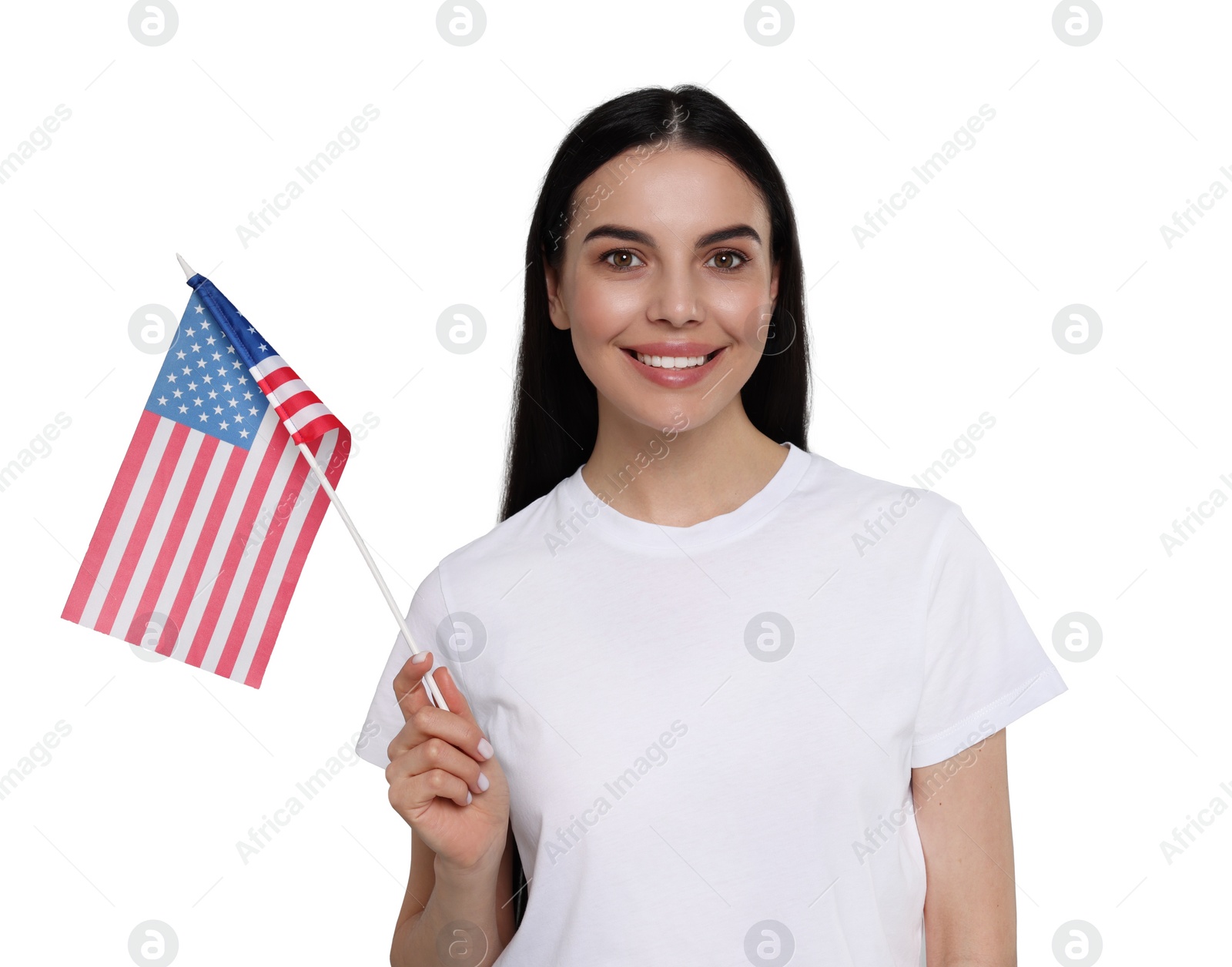 Image of 4th of July - Independence day of America. Happy woman holding national flag of United States on white background