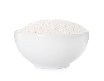 Photo of Bowl with fresh flour on white background