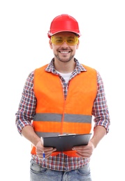 Male industrial engineer in uniform with clipboard on white background. Safety equipment