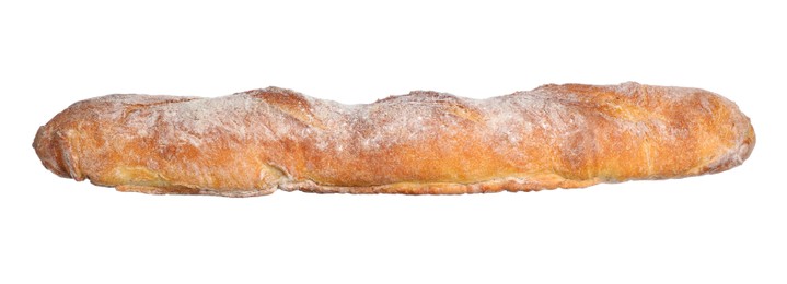 Photo of Crispy French baguette isolated on white. Fresh bread