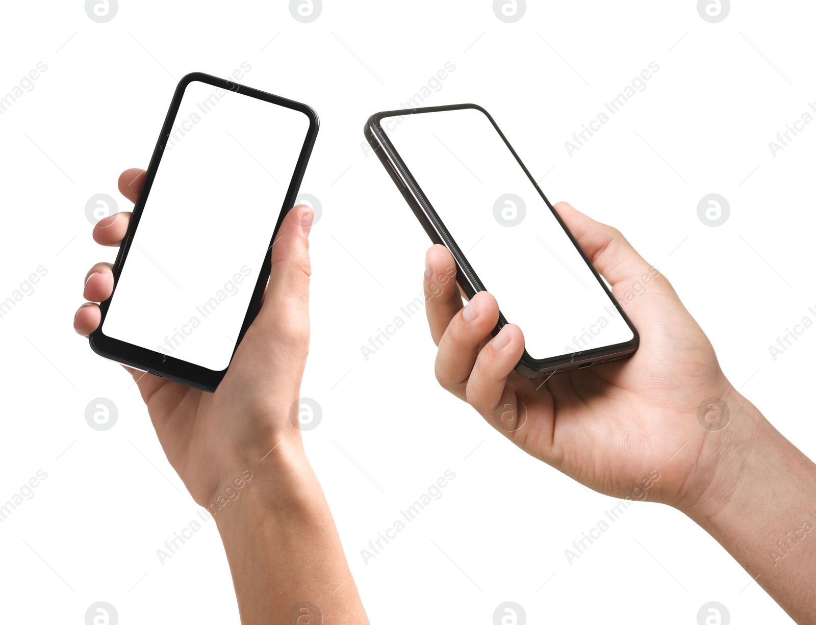 Image of Men holding phone with blank screen on white background, closeup. Set of photos