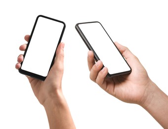 Image of Men holding phone with blank screen on white background, closeup. Set of photos