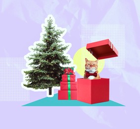 Christmas art collage. Cute red cat popping out from gift box near fir tree on color background