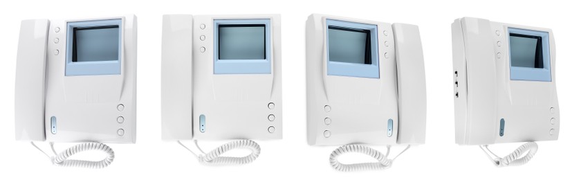 Image of Intercom base stations with handsets on white background, collage. Banner design