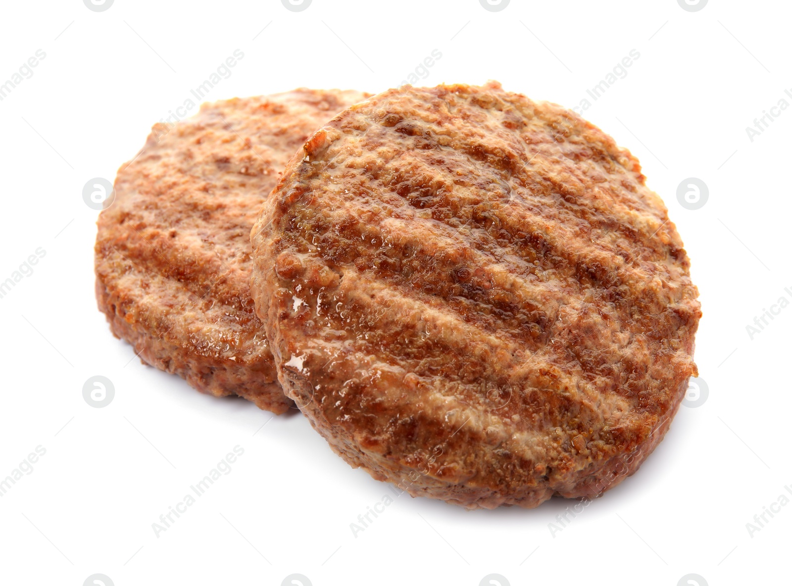 Photo of Tasty grilled hamburger patties on white background