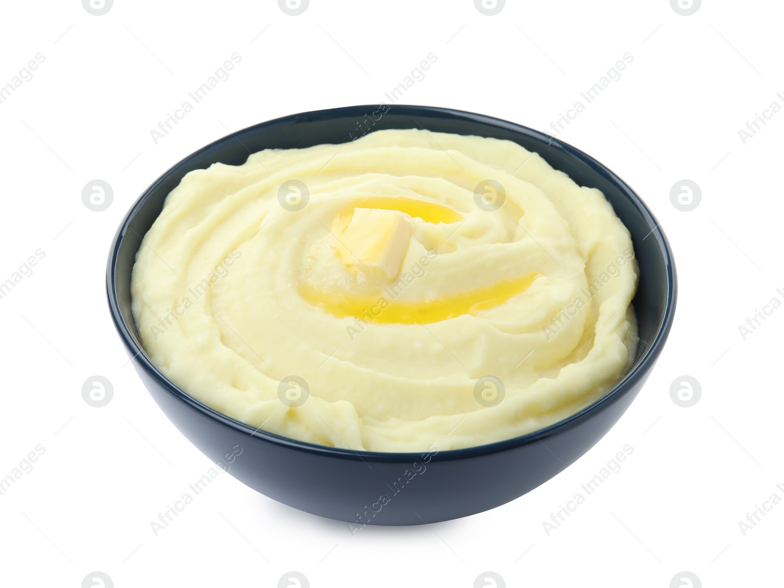 Photo of Bowl with freshly cooked homemade mashed potatoes isolated on white