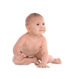 Cute little baby crawling on white background