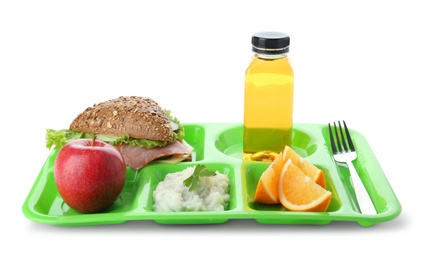 Photo of Serving tray with healthy food on white background. School lunch