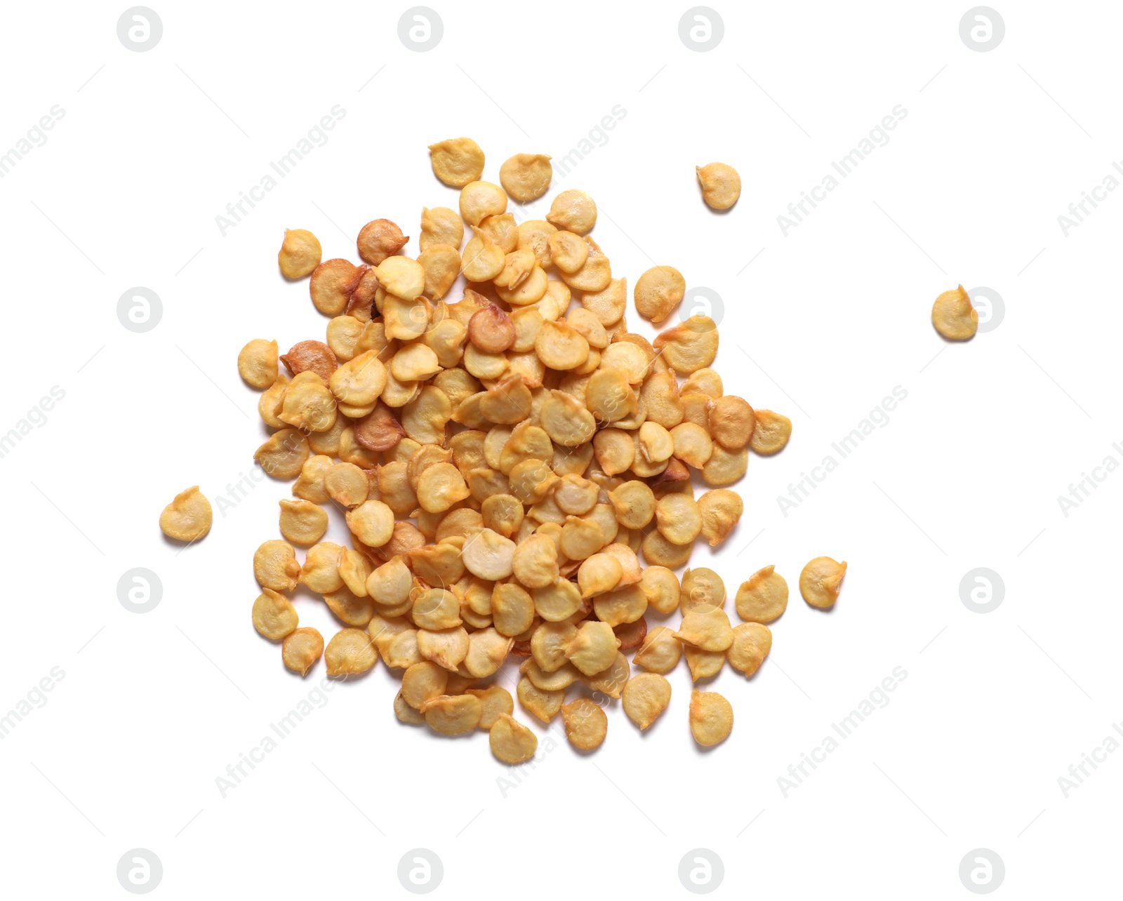 Photo of Pile of pepper seeds on white background, top view