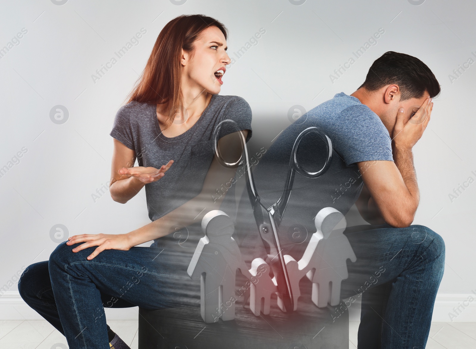 Image of Double exposure of family figure with scissors and couple quarreling on  light background. Relationship problems