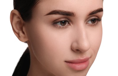 Beautiful young woman with healthy skin on white background, closeup