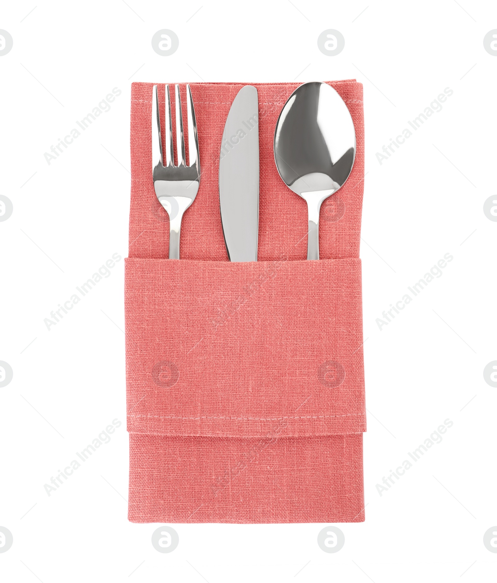 Photo of Folded napkin with fork, spoon and knife on white background, top view