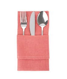 Folded napkin with fork, spoon and knife on white background, top view