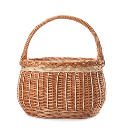 Photo of Wicker basket with handle isolated on white
