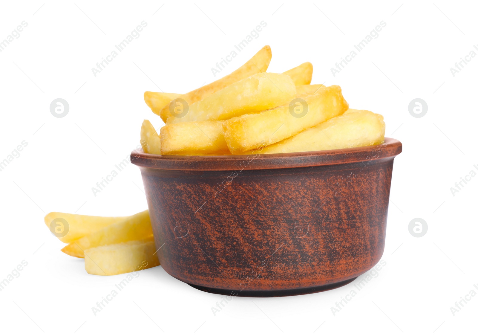 Photo of Bowl with delicious french fries on white background