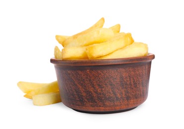 Bowl with delicious french fries on white background
